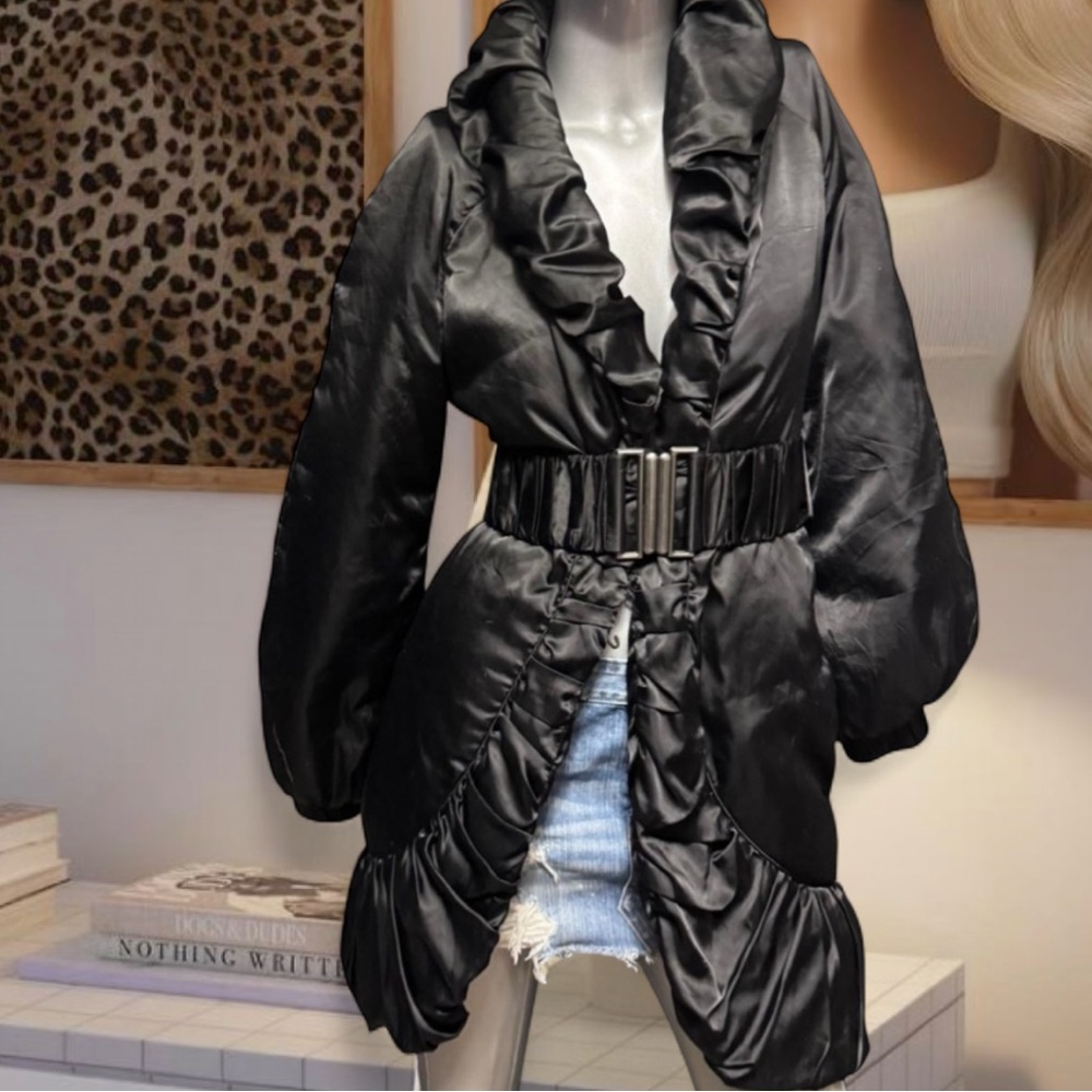 Bebe Vintage Y2K Black Satin Belted Long Coat